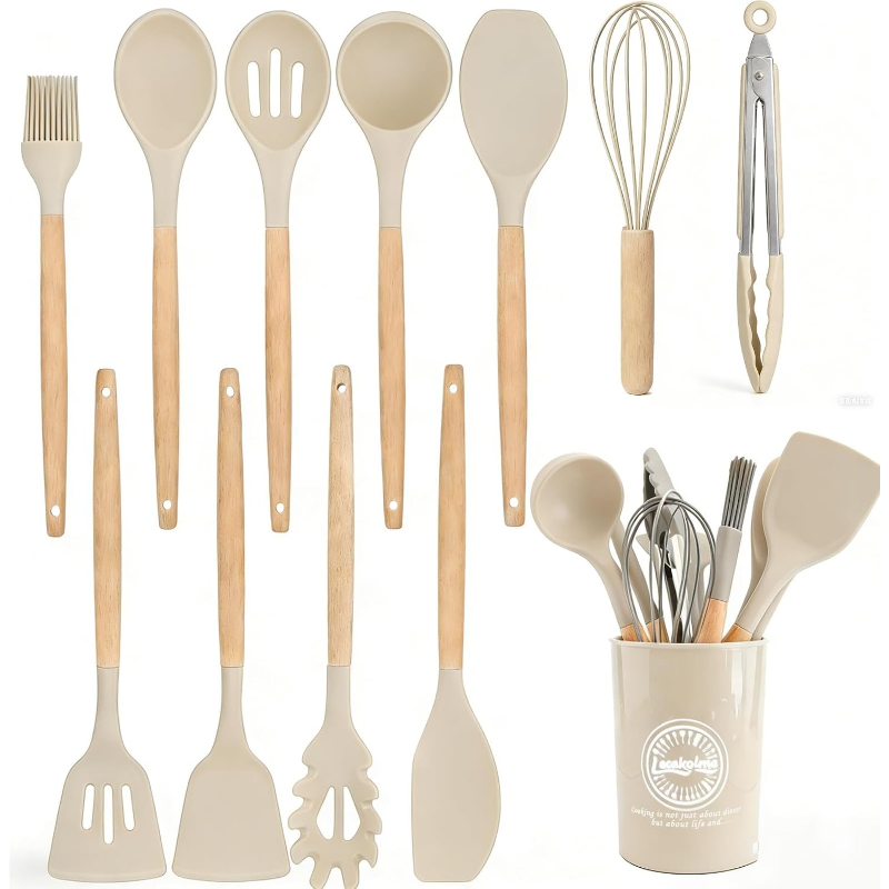 Kitchen Gadgets And Utensils - Zestaw silikonowych przyborów kuchennych z drewnianymi